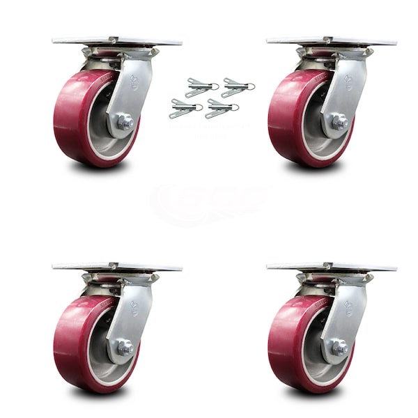 5 Inch Poly on Aluminum Caster Set with Roller Bearings and Swivel Locks SCC